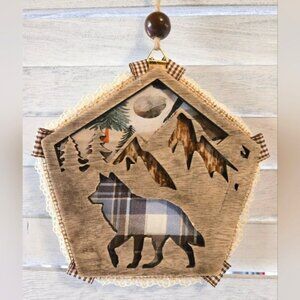 NWT Plaid Wolf Mountains Wood Ornament Lace Ribbon Christmas Holiday Decor OOAK